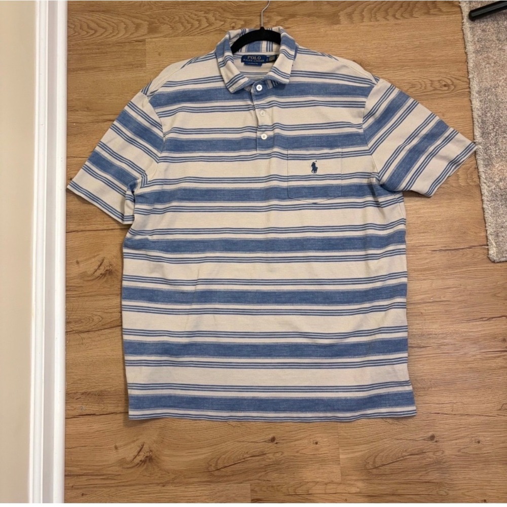 Polo Ralph Lauren Polo Mens L Blue Stripe Classic Fit Pocket Pony Short Sleeve - Picture 2 of 8